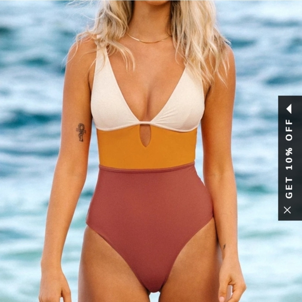 Cupshe Cream, Orange, and Brown One Piece Swimsuit
